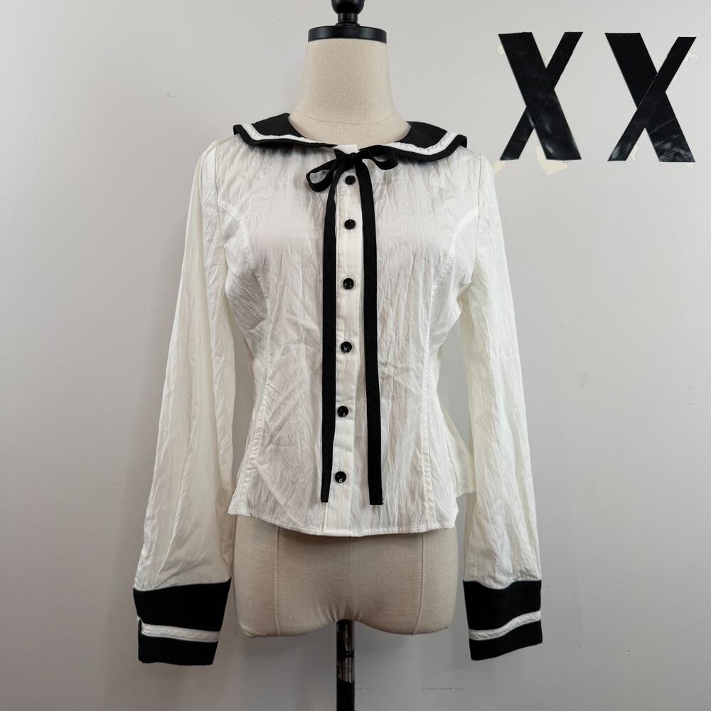 Vintage 90s White Black Sailor Stripe Square Collar Tie Neck Lolita Blouse S